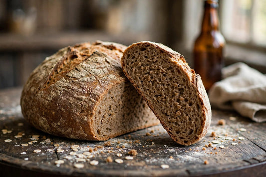 Rustic homemade sourdough discard beer bread loaf, sliced, on a dark oak barrel-top table with an amber beer bottle and linen towel