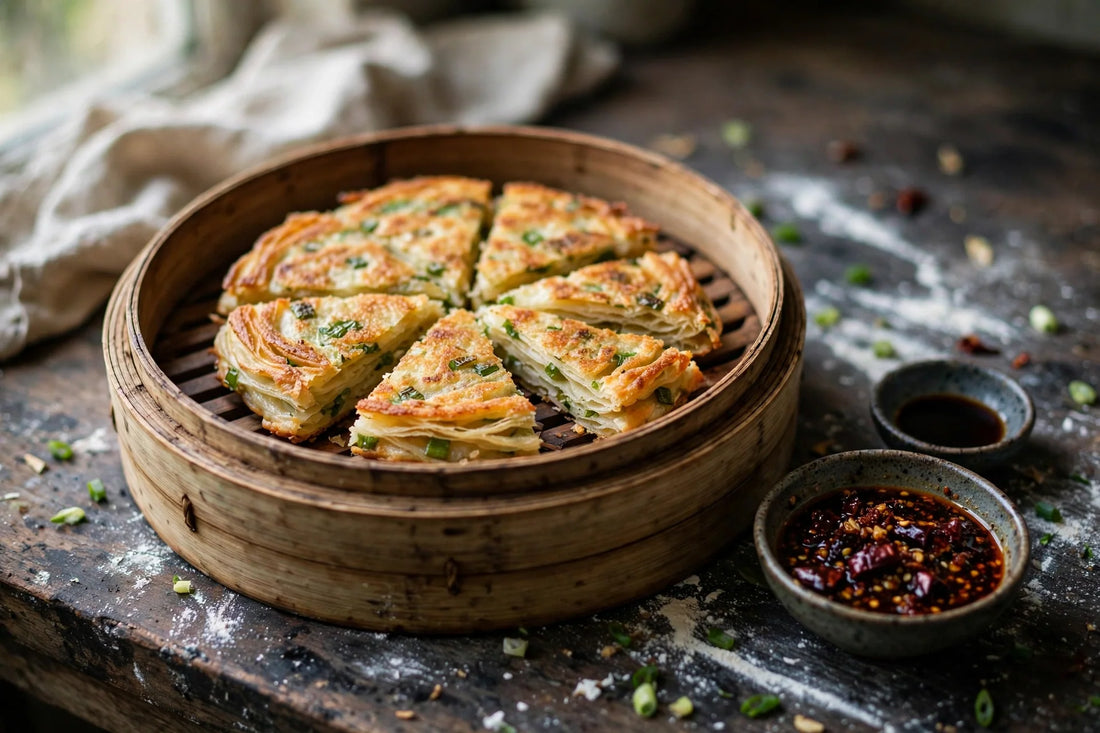 Flaky sourdough discard scallion pancakes in a bamboo steamer with chili oil dipping sauce