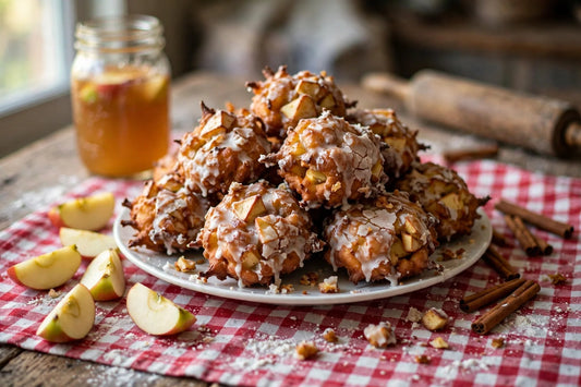 Golden homemade sourdough discard apple fritters with crackly vanilla glaze on a white platter, apple wedges and cinnamon sticks on a red-checkered cloth