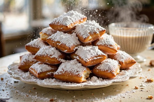 Puffy sourdough discard beignets piled on a scalloped cream plate, buried under powdered sugar