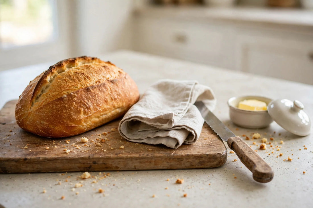 Golden loaf on a wooden board with linen cloth and bread knife