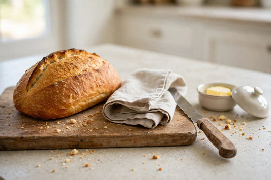 Golden loaf on a wooden board with linen cloth and bread knife
