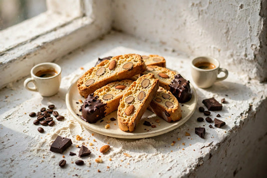Homemade sourdough discard biscotti with whole almonds, some chocolate-dipped, on a cream platter