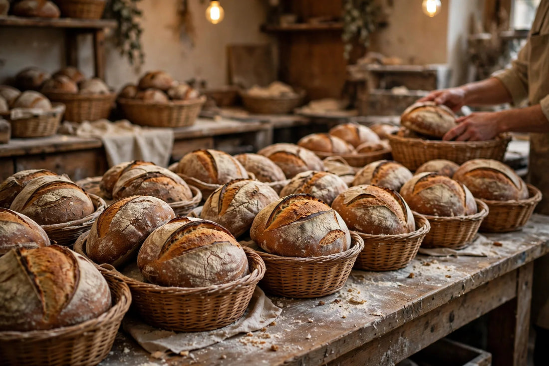 Bakery counter lined with many rustic sourdough loaves