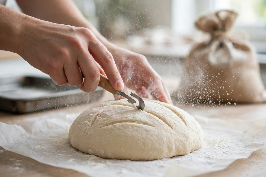 Hands scoring a dough boule on parchment
