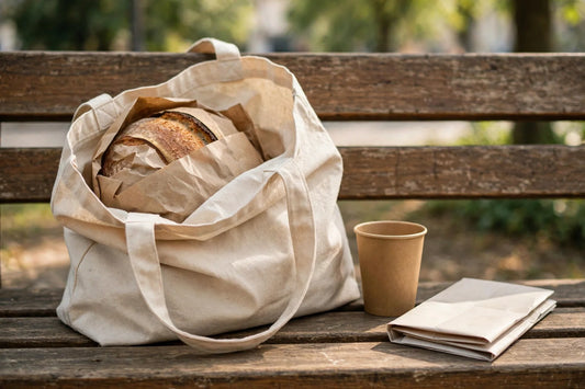 Paper-wrapped loaf in a canvas tote bag on a bench