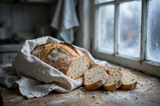 Sourdough loaf wrapped in linen on a counter