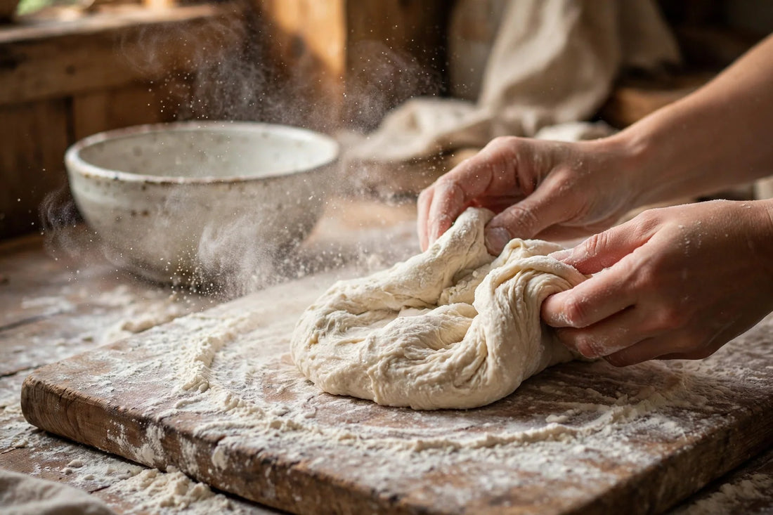 Hands folding soft slack dough on a floured board