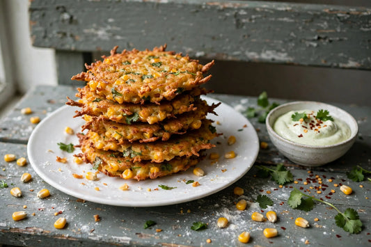 Golden crispy sourdough discard corn fritters on a white ceramic plate with lime crema