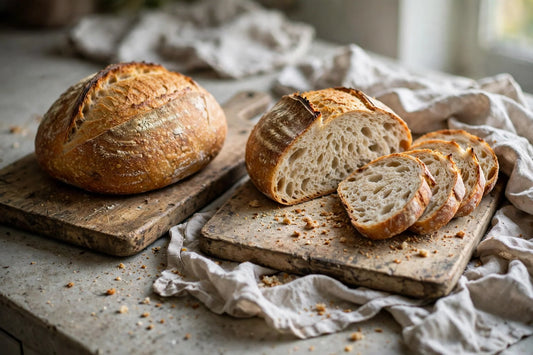Two golden sourdough loaves cooling on wooden boards, one sliced