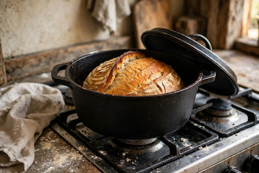 Crusty loaf inside an open cast iron Dutch oven