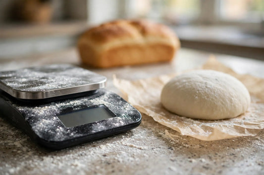 Digital kitchen scale with a dough round and baked loaf