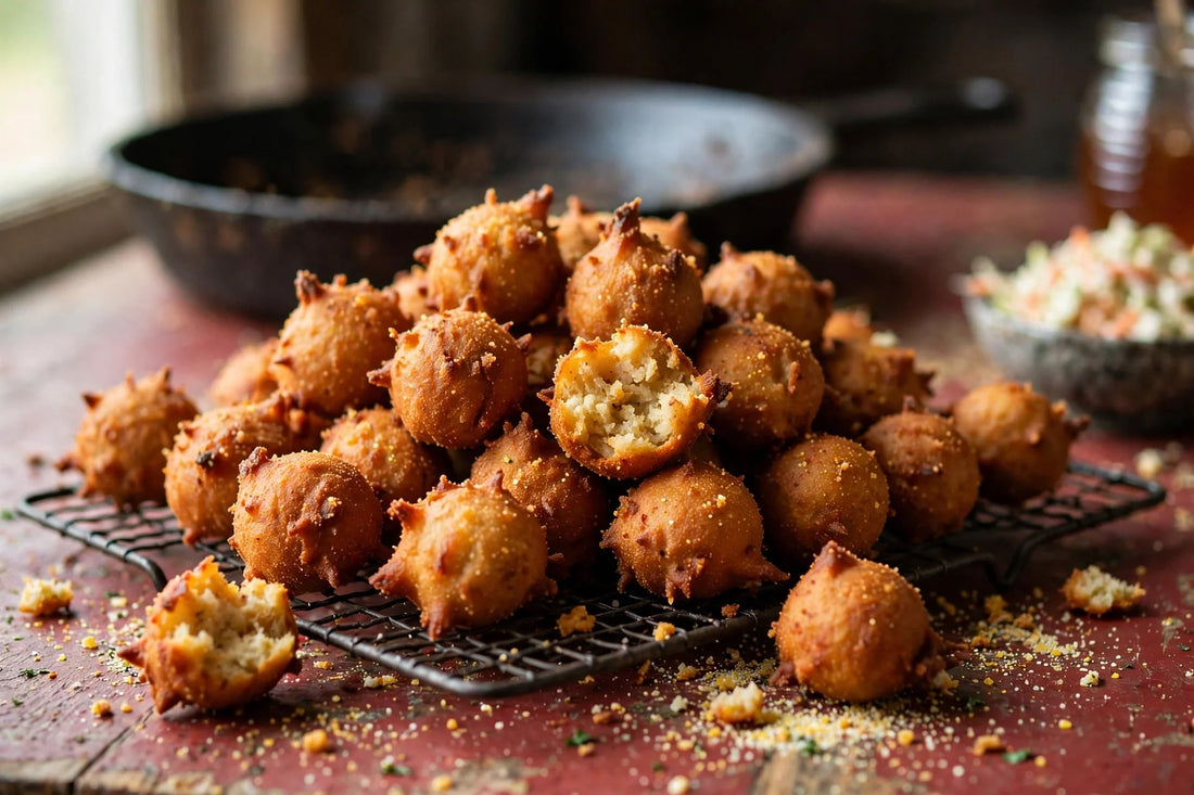Golden deep-fried sourdough discard hush puppies piled on a wire rack