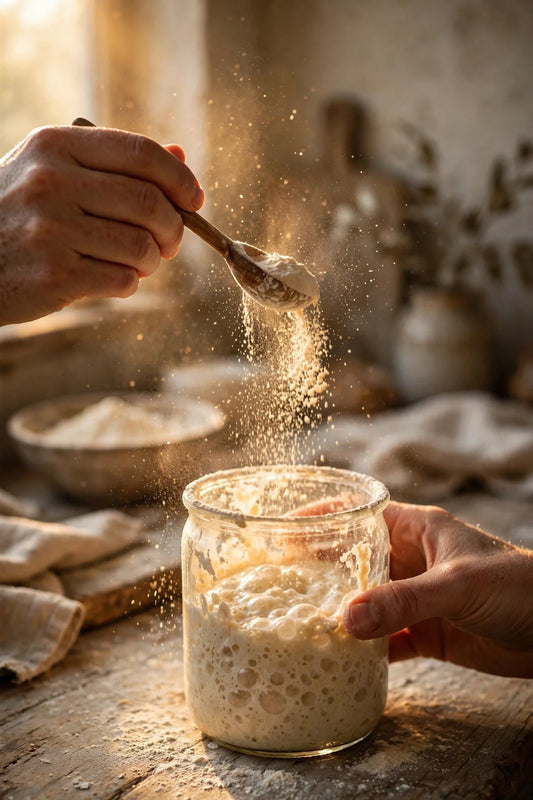 Hands feeding a sourdough starter: flour streaming like golden stars into a bubbly jar in warm morning light