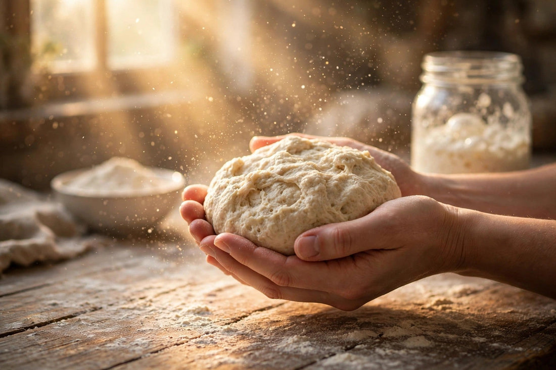 Hands holding risen dough in golden light, flour dust floating like stars