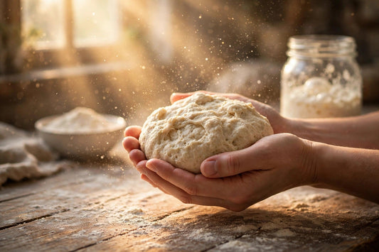 Hands holding risen dough in golden light, flour dust floating like stars