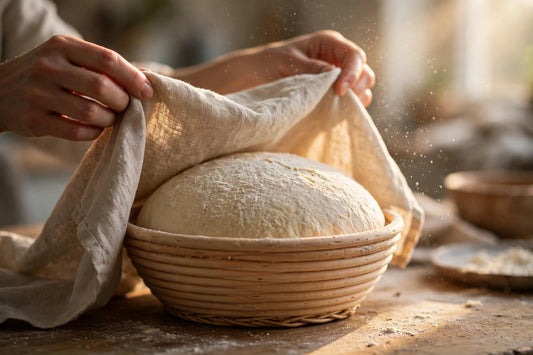 Hands lifting a linen cloth to reveal proofing sourdough dough risen in a banneton basket in golden light