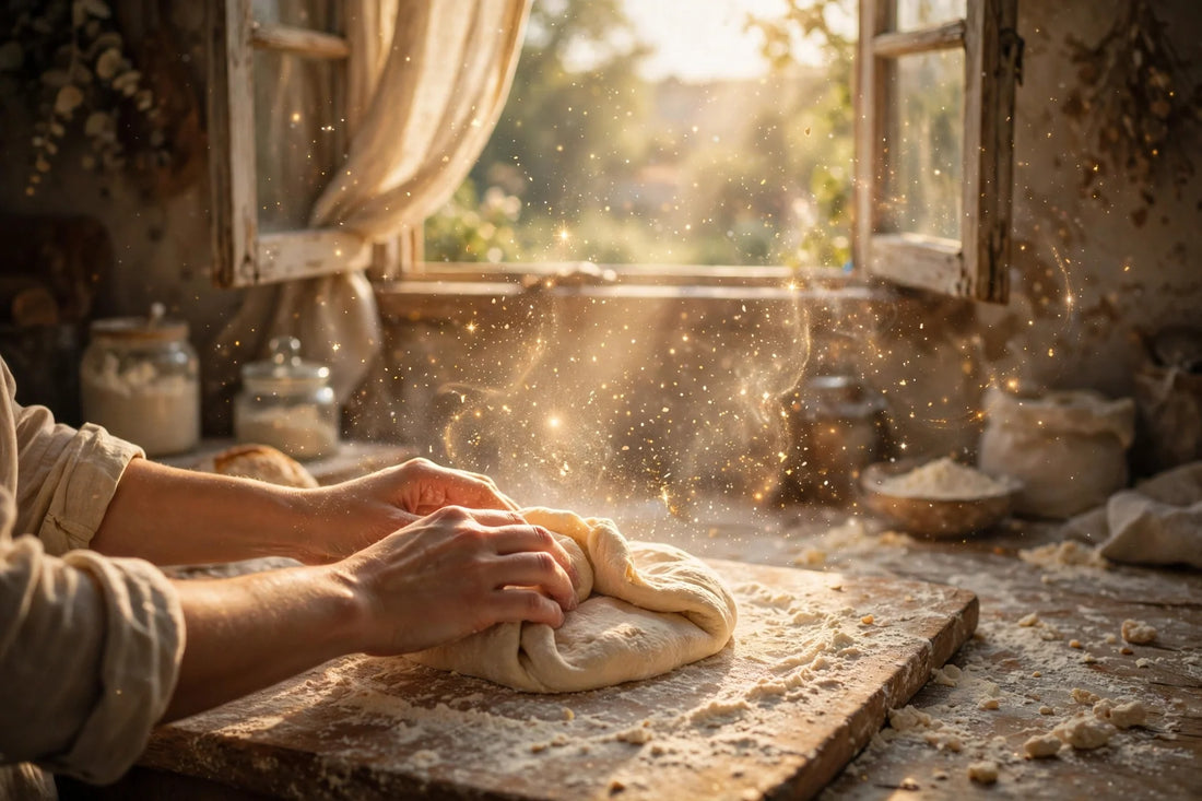 Hands folding sourdough dough in golden window light, glowing wild yeast motes drifting in the air