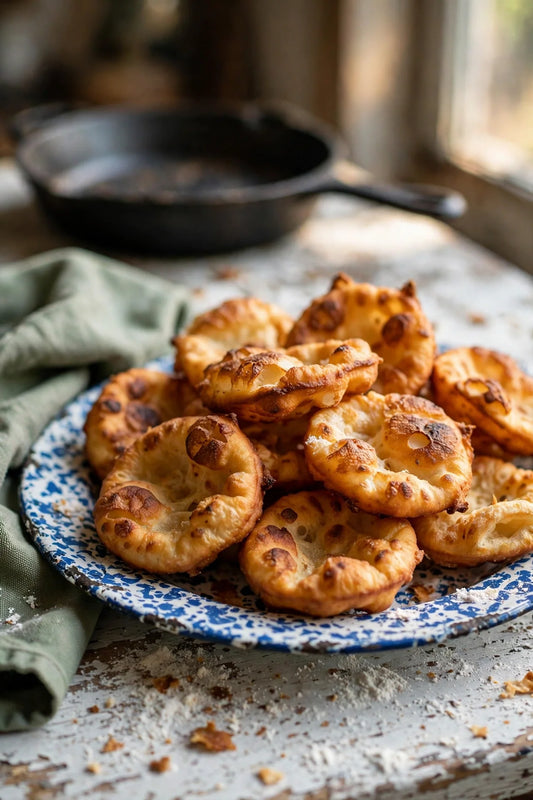 Golden sourdough discard fry bread on a blue speckled enamel camp plate