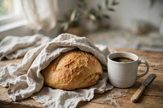 Golden boule under a linen cloth beside coffee