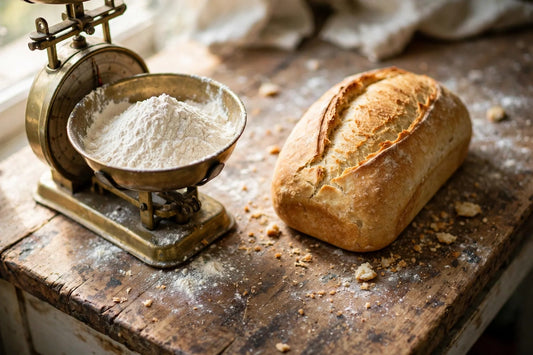 Vintage kitchen scale with flour beside a baked loaf
