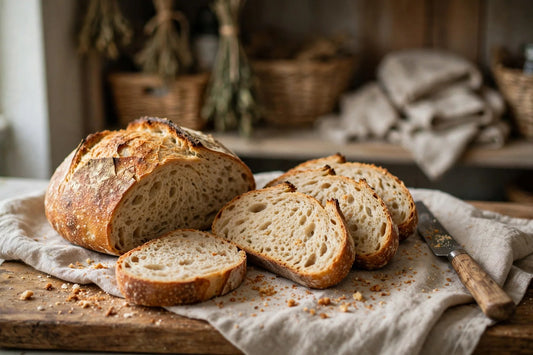 Rustic sourdough loaf and slices on linen on a wooden board
