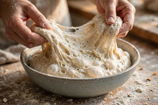 Hands stretching bubbly risen dough in a bowl