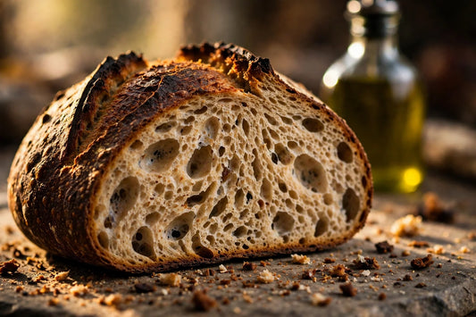 Dark crusty sourdough boule sliced open on a stone board
