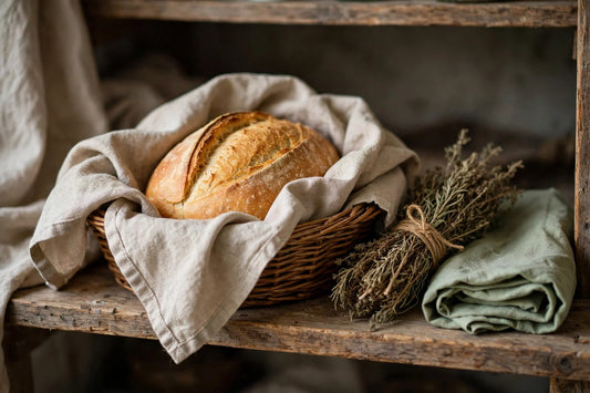 Golden loaf in a linen-lined basket on a pantry shelf