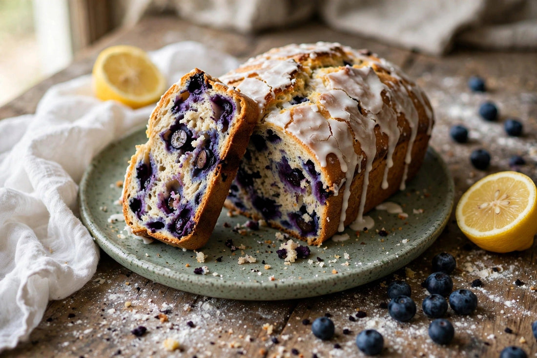 Sourdough lemon blueberry bread loaf with crackled lemon glaze, sliced on a sage-green plate