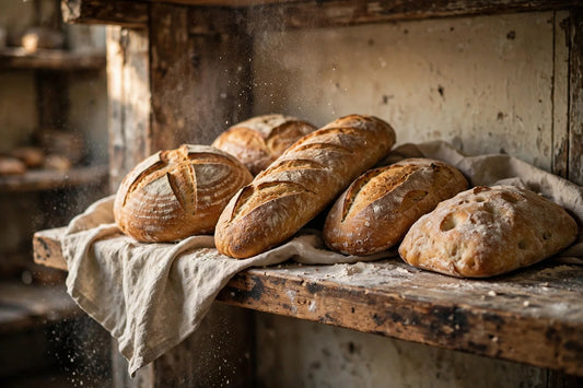 Artisan loaves on a wooden bakery shelf