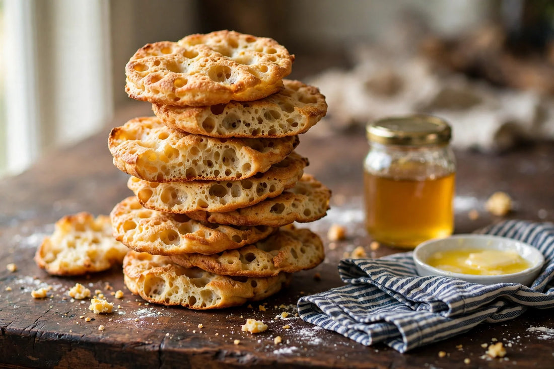 Stack of golden homemade sourdough discard crumpets with signature holes, butter dish and golden syrup