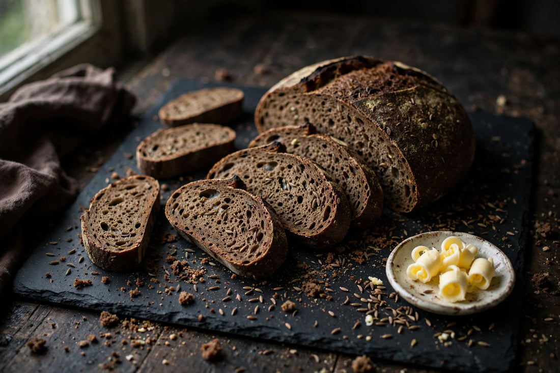 Dark rye sourdough loaf sliced on a slate board