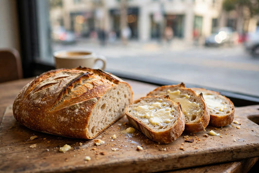 Buttered sourdough slices on a cafe table by a window