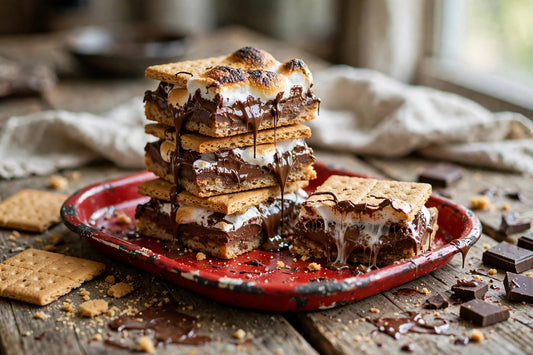 Gooey sourdough discard s'mores bars stacked on a red enamel tray