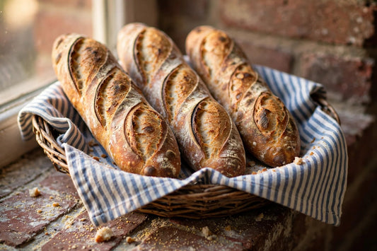 Three rustic sourdough baguettes with scored golden crust in a willow market basket on a red-brick windowsill