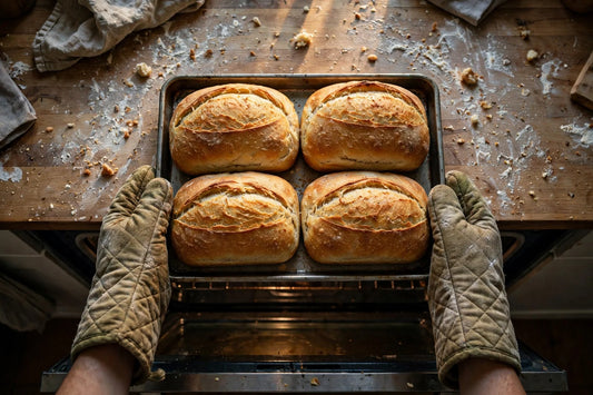 Tray of golden sourdough sandwich loaves just out of the oven