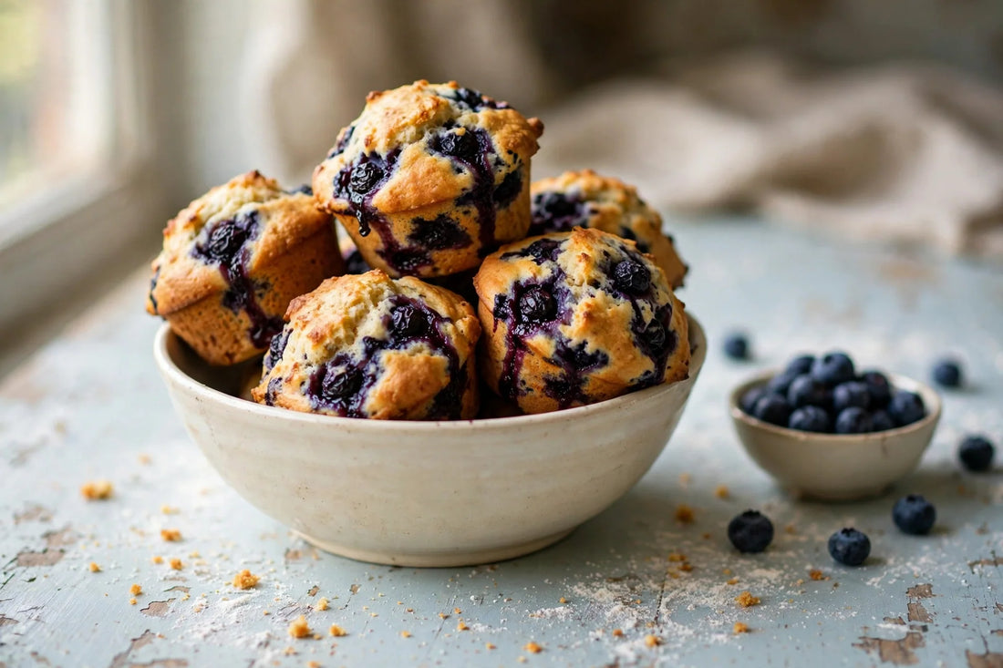 Sourdough blueberry muffins with golden domed tops and burst berries in a ceramic bowl