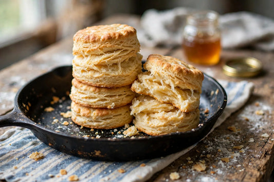 Tall flaky sourdough buttermilk biscuits stacked in a cast-iron skillet