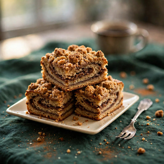 Sourdough coffee cake squares with cinnamon swirl and chunky streusel topping