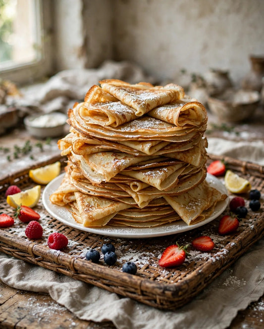Tall stack of thin sourdough discard crepes on a woven wicker tray with fresh berries and powdered sugar