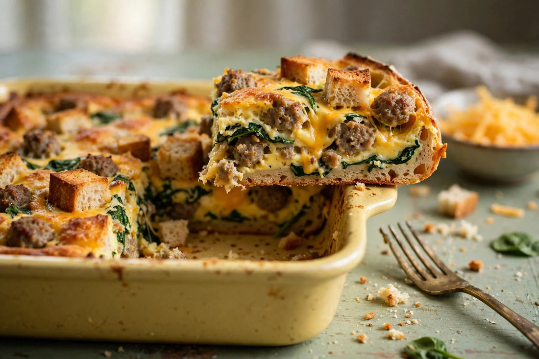 Golden sourdough discard breakfast strata slice in a butter-yellow ceramic dish on a sage-green table