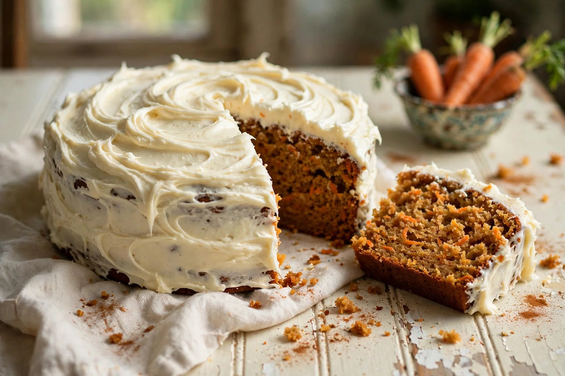 Homemade sourdough discard carrot cake with swirled cream cheese frosting and a slice showing the moist, carrot-flecked crumb