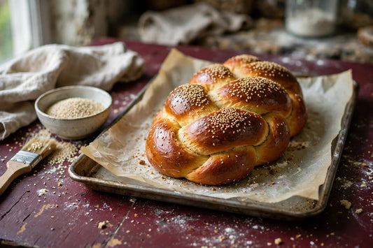 Golden braided sourdough discard challah with sesame seeds on a baking sheet