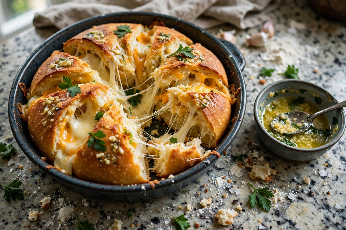 Cheesy sourdough discard pull-apart bread with stretchy melted cheese in a dark ceramic baking dish