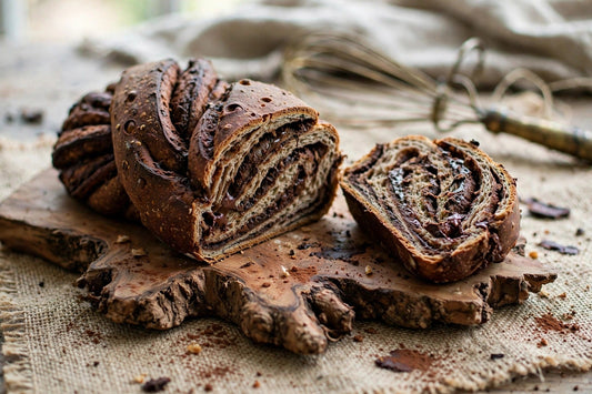 Sliced sourdough discard chocolate babka showing the chocolate twist swirl on a teak-root board