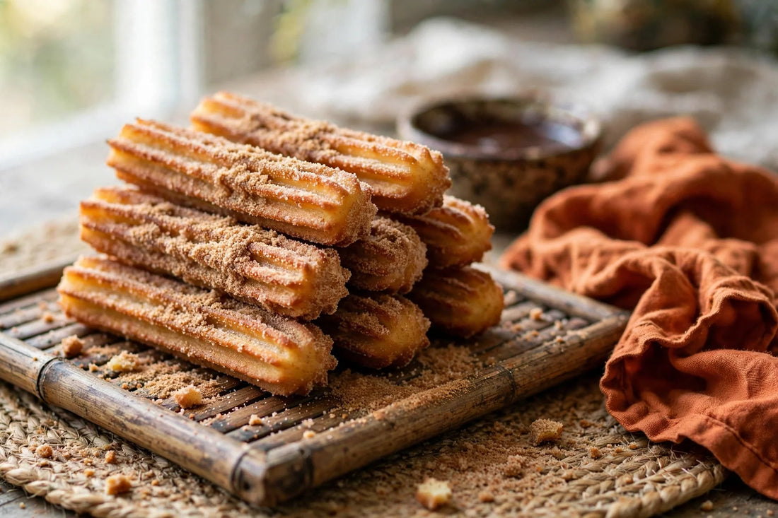 Crispy sourdough discard churros rolled in cinnamon sugar with a chocolate dipping sauce