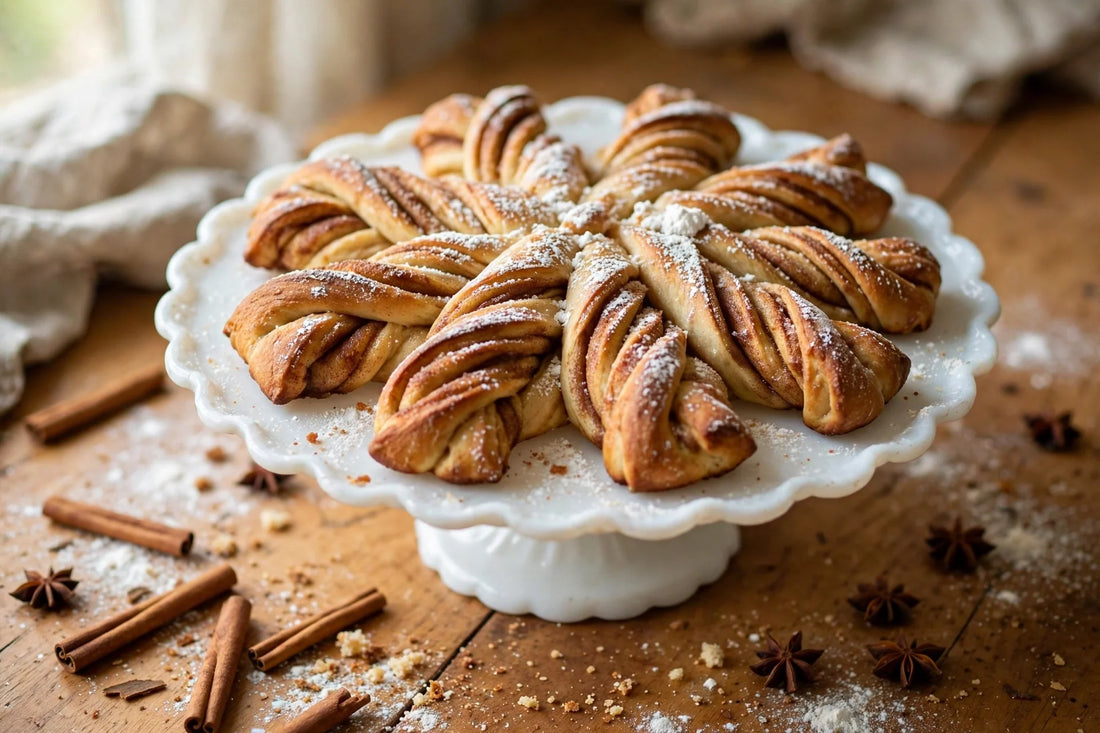 Golden sourdough discard cinnamon star bread with twisted points dusted with powdered sugar on a milk-glass cake stand