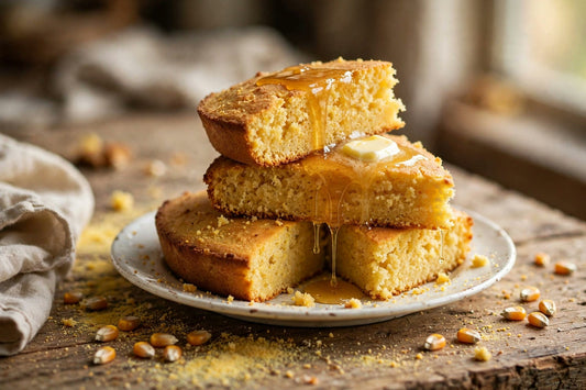 Moist golden-brown sourdough discard cornbread wedges stacked with honey dripping and melting butter