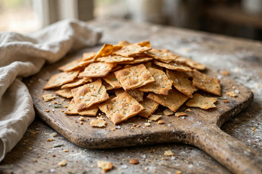 Crispy homemade sourdough discard crackers with rosemary on a rustic wooden peel